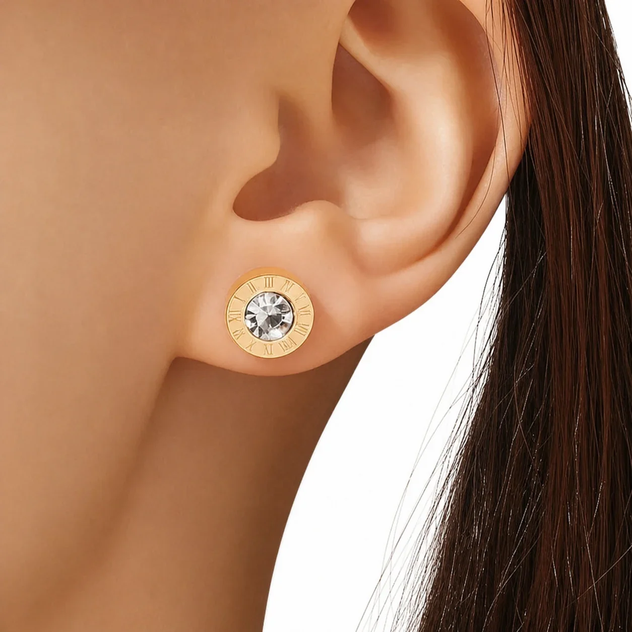 Polished Stainless Steel Roman Numeral CZ Stud Earrings