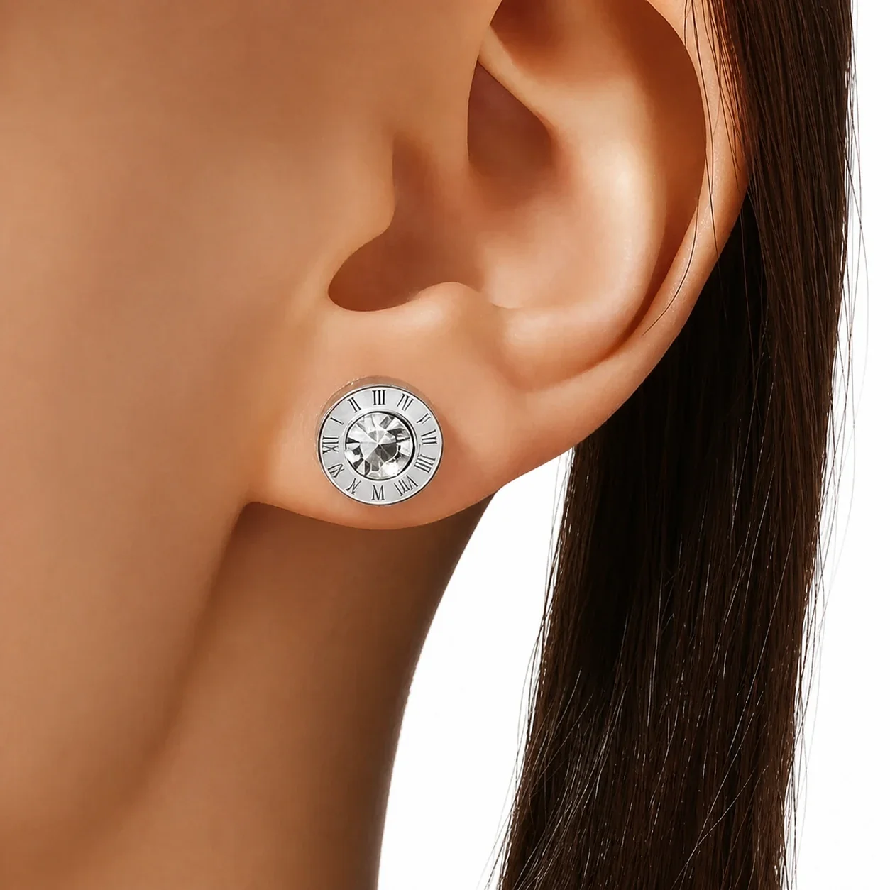 Polished Stainless Steel Roman Numeral CZ Stud Earrings