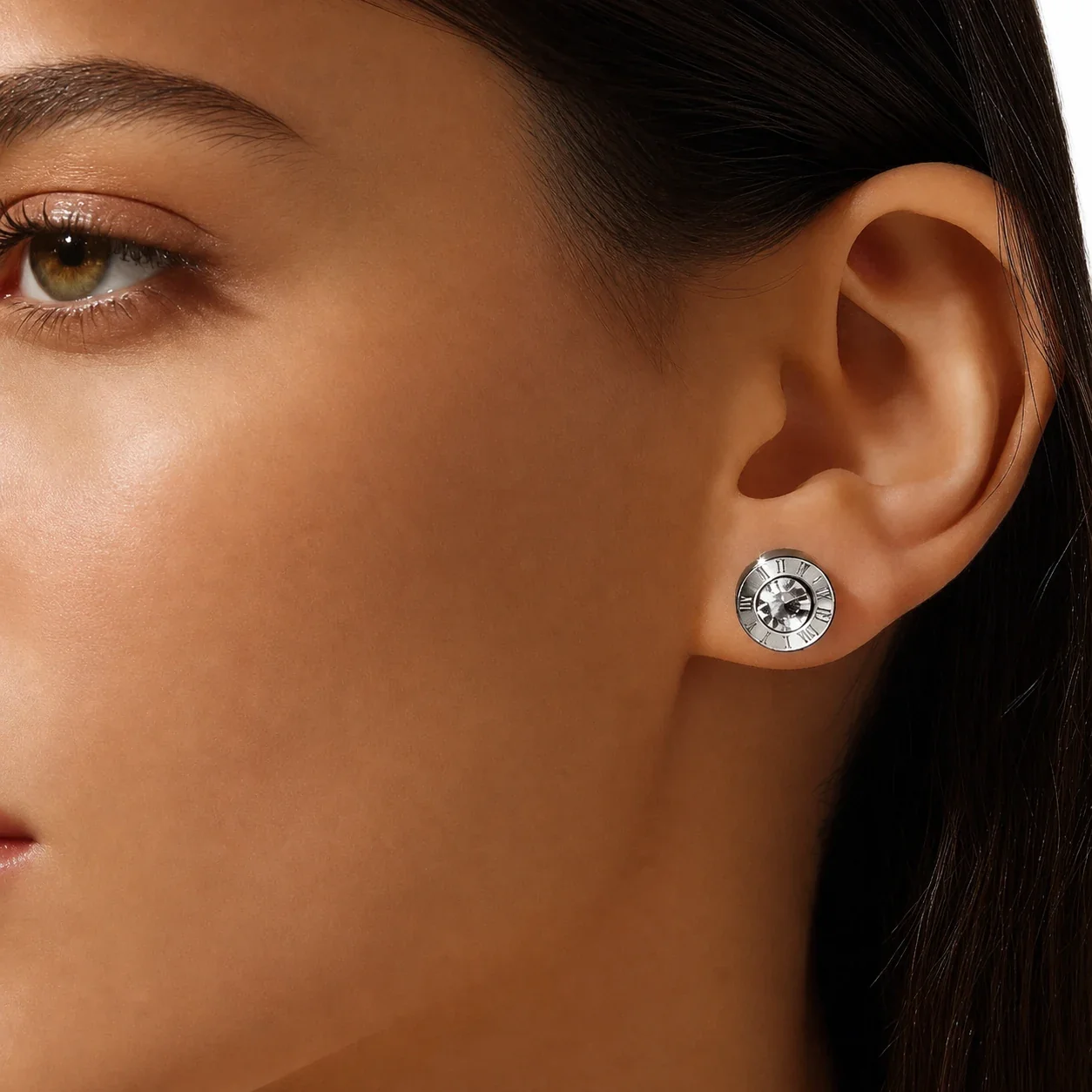 Polished Stainless Steel Roman Numeral CZ Stud Earrings