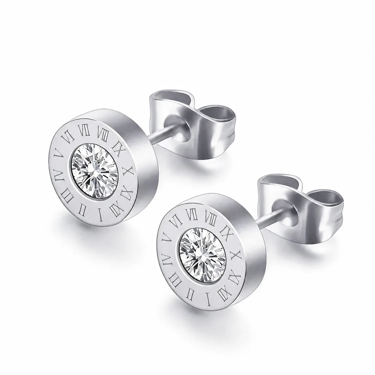 Polished Stainless Steel Roman Numeral CZ Stud Earrings - Silver