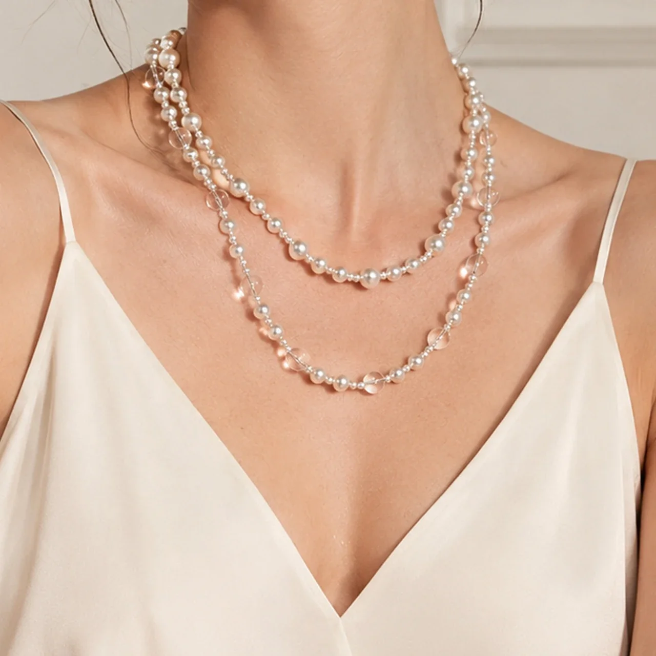 Pearl Necklace with Clear Beads in 316 Stainless Steel