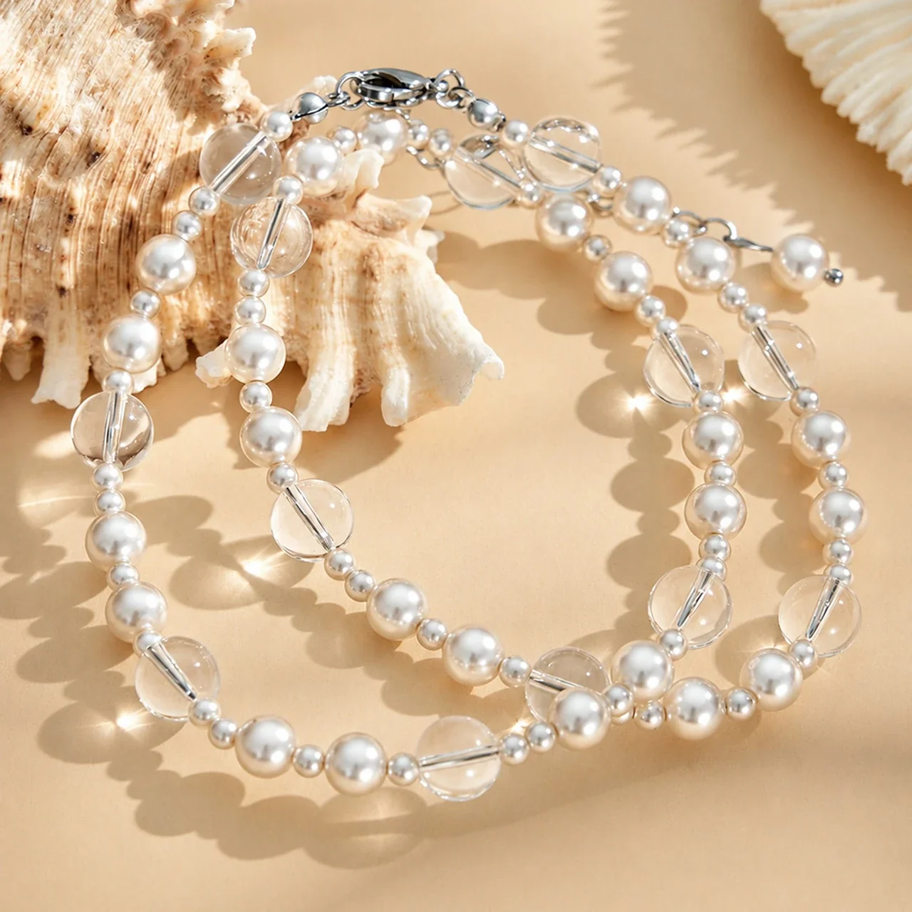 Pearl Necklace with Clear Beads in 316 Stainless Steel