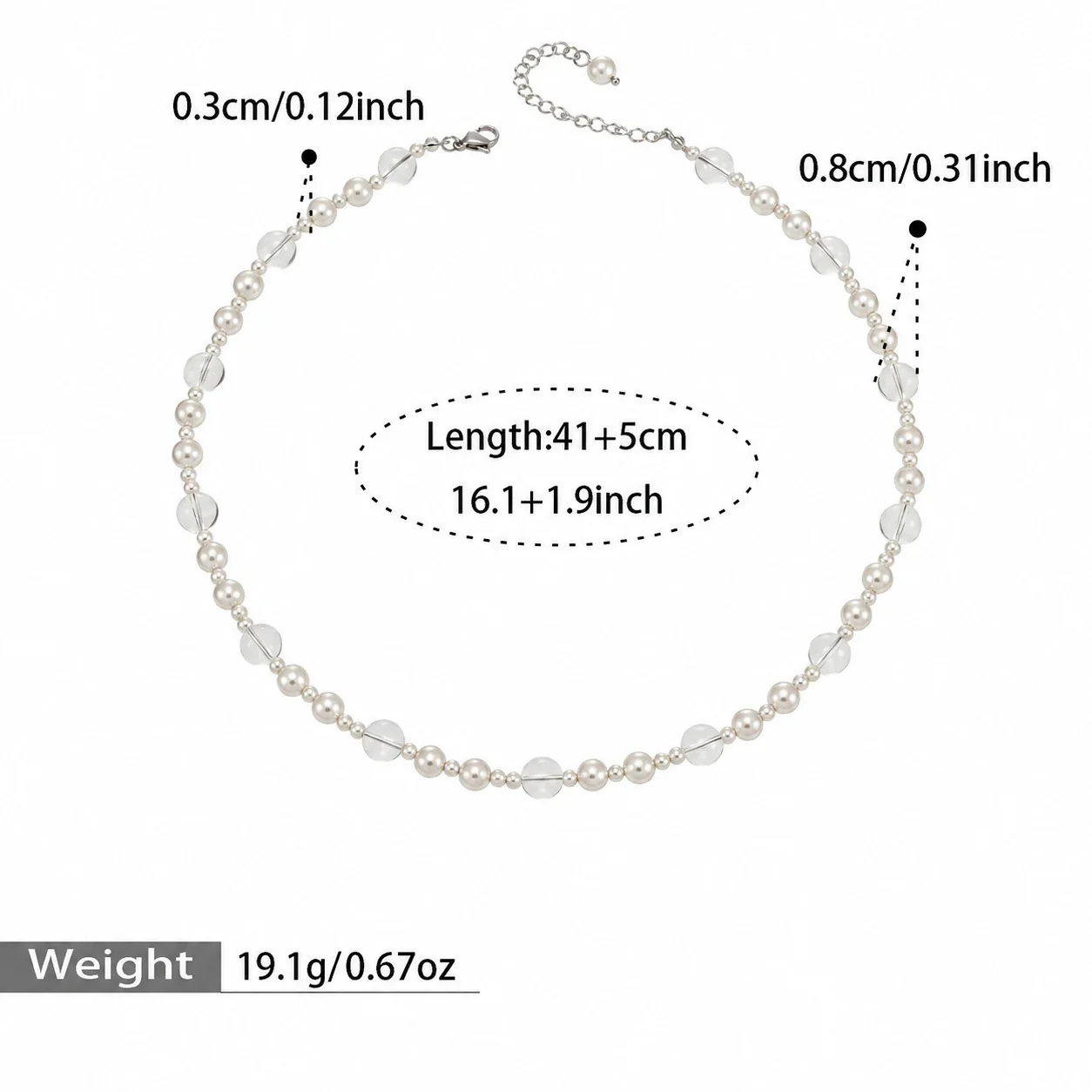 Pearl Necklace with Clear Beads in 316 Stainless Steel - Silver Style A Shell Pearl & Clear Bead 41+5 cm