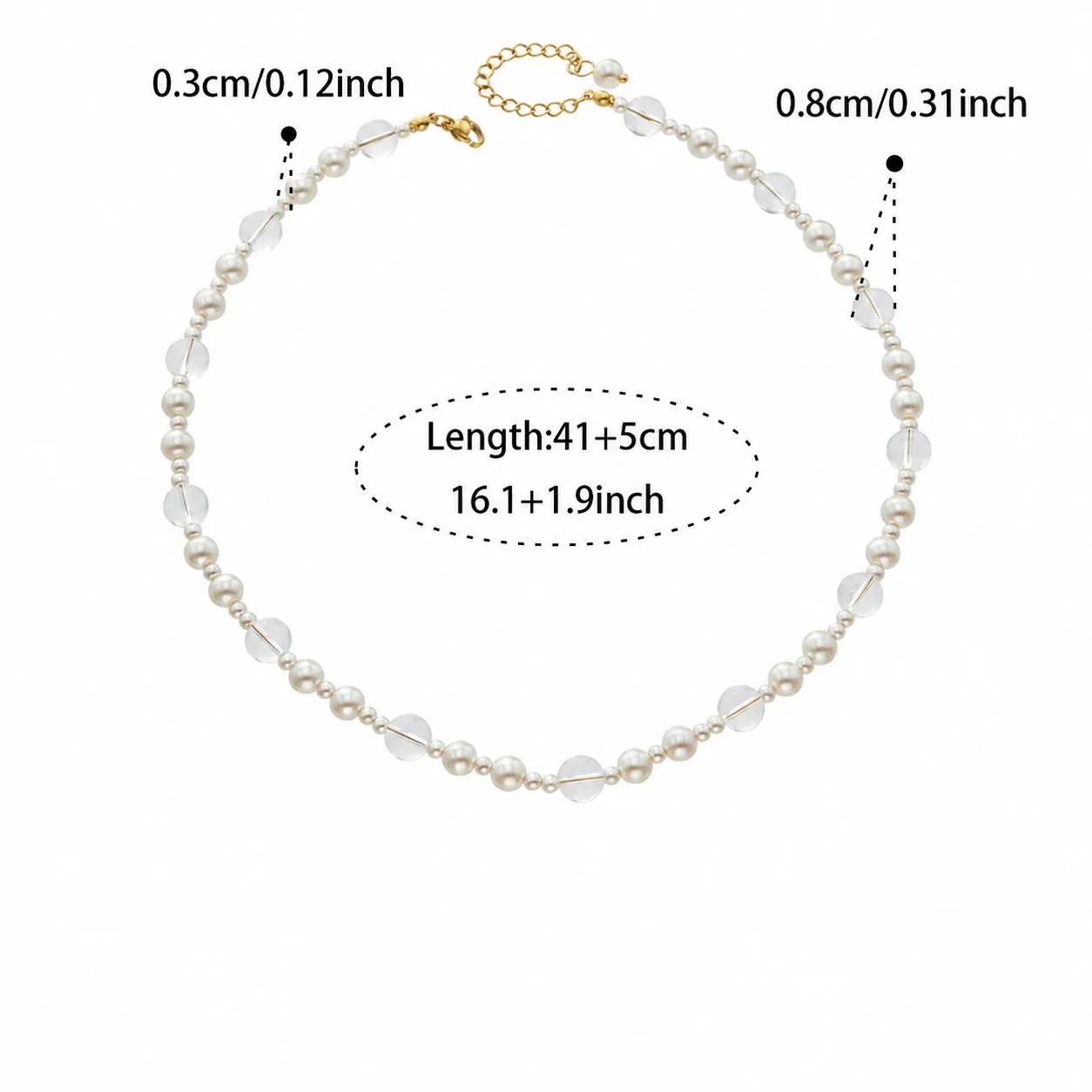 Pearl Necklace with Clear Beads in 316 Stainless Steel - Gold Style A Shell Pearl & Clear Bead 41+5 cm