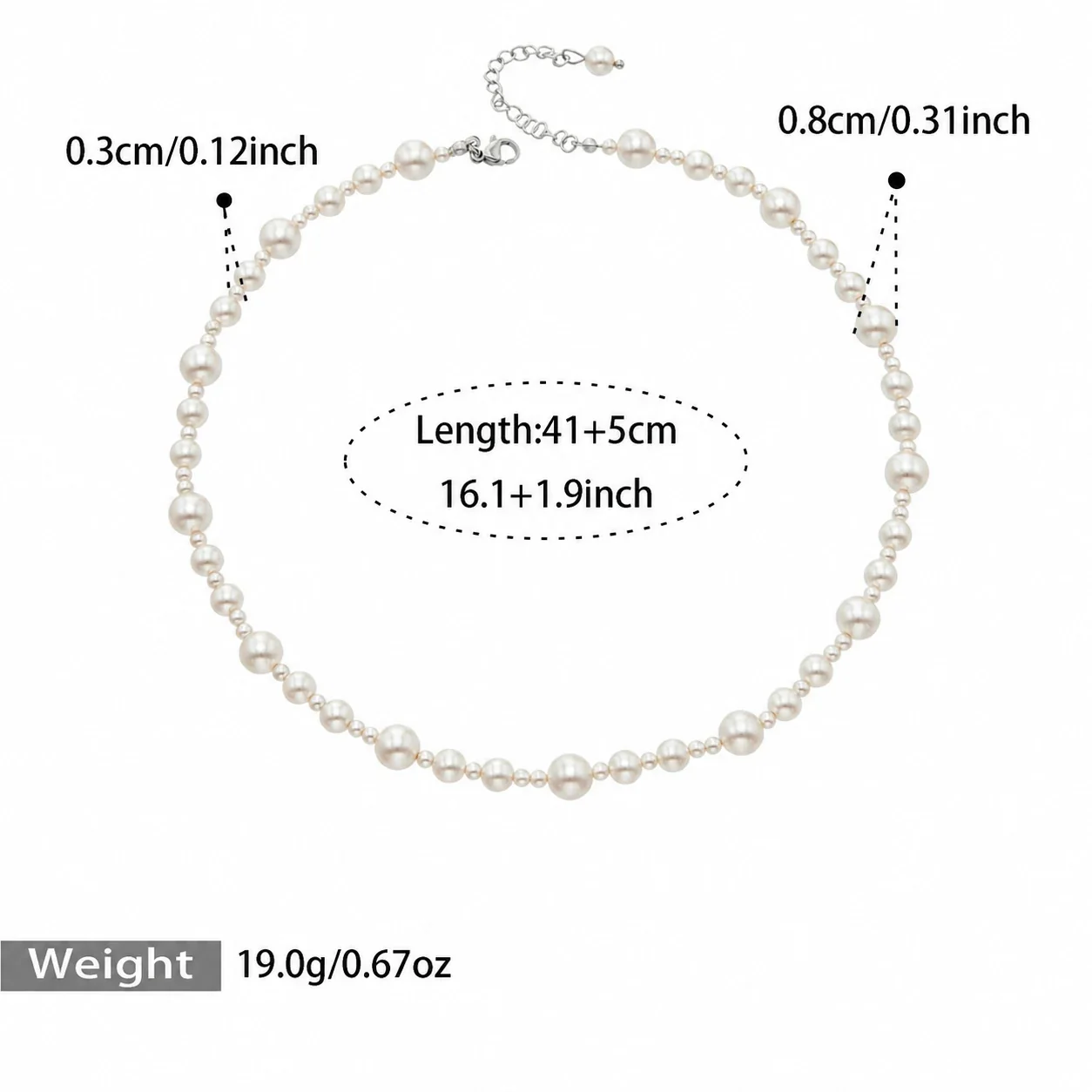 Pearl Necklace with Clear Beads in 316 Stainless Steel - Silver Style B Shell Pearl & Clear Bead 41+5 cm