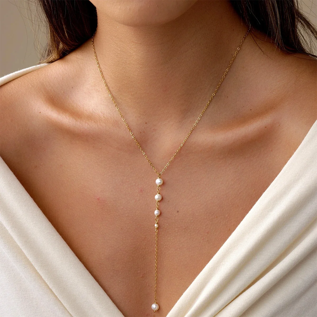 Y-Drop-ketting met parels van 18K verguld roestvrij staal productfoto