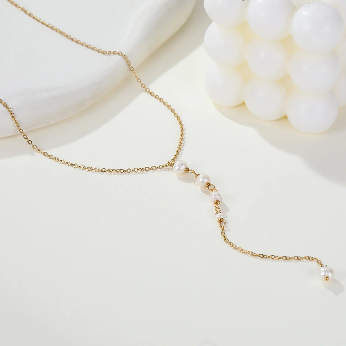 Y-Drop-ketting met parels van 18K verguld roestvrij staal productfoto