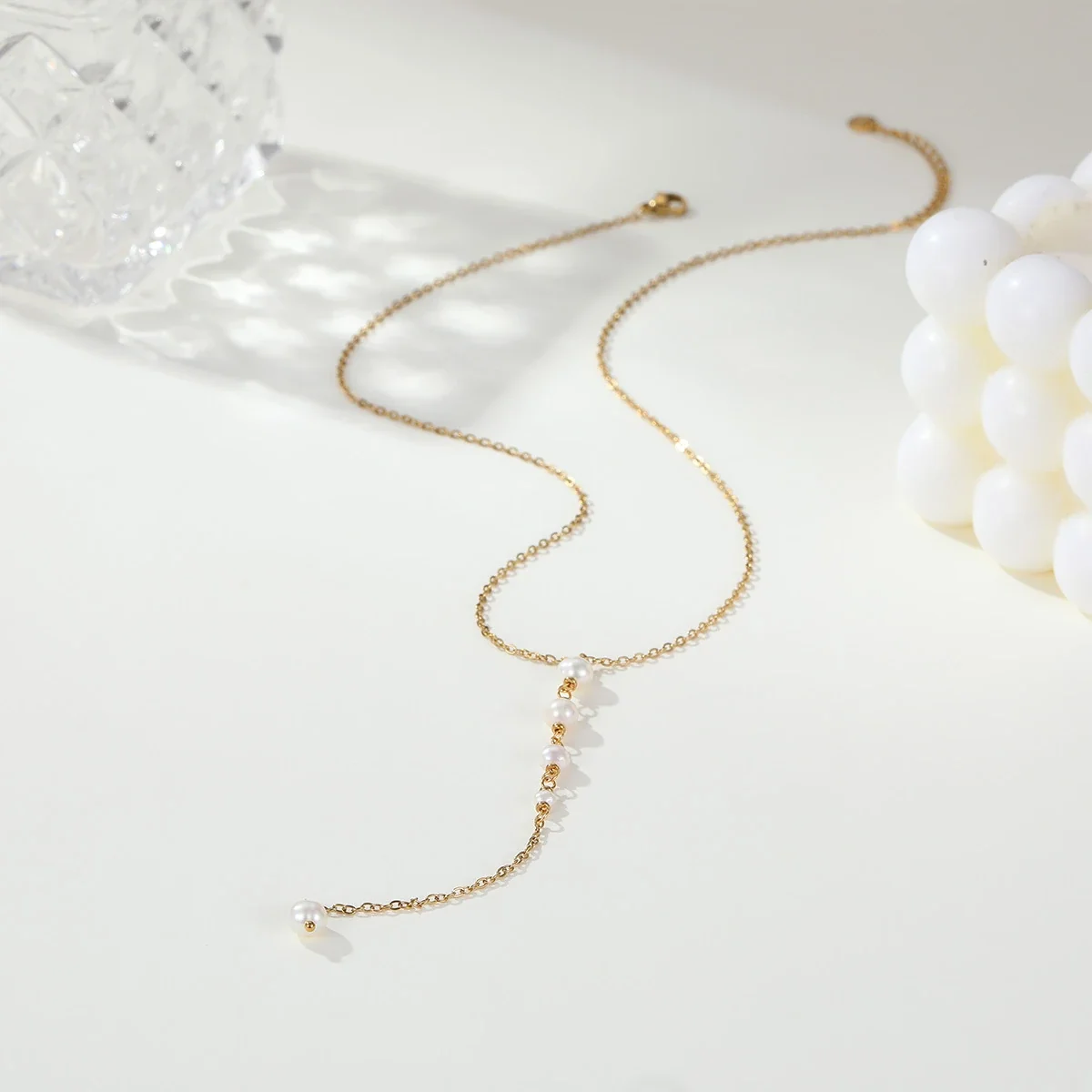 Y-Drop-ketting met parels van 18K verguld roestvrij staal productfoto