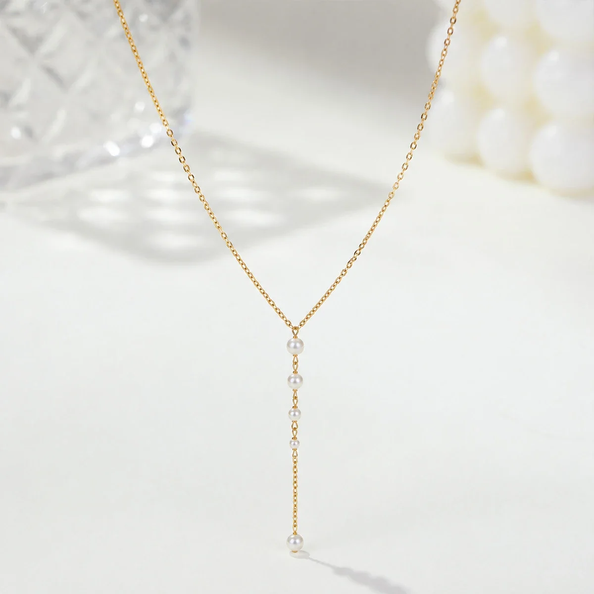 Y-Drop-ketting met parels van 18K verguld roestvrij staal productfoto