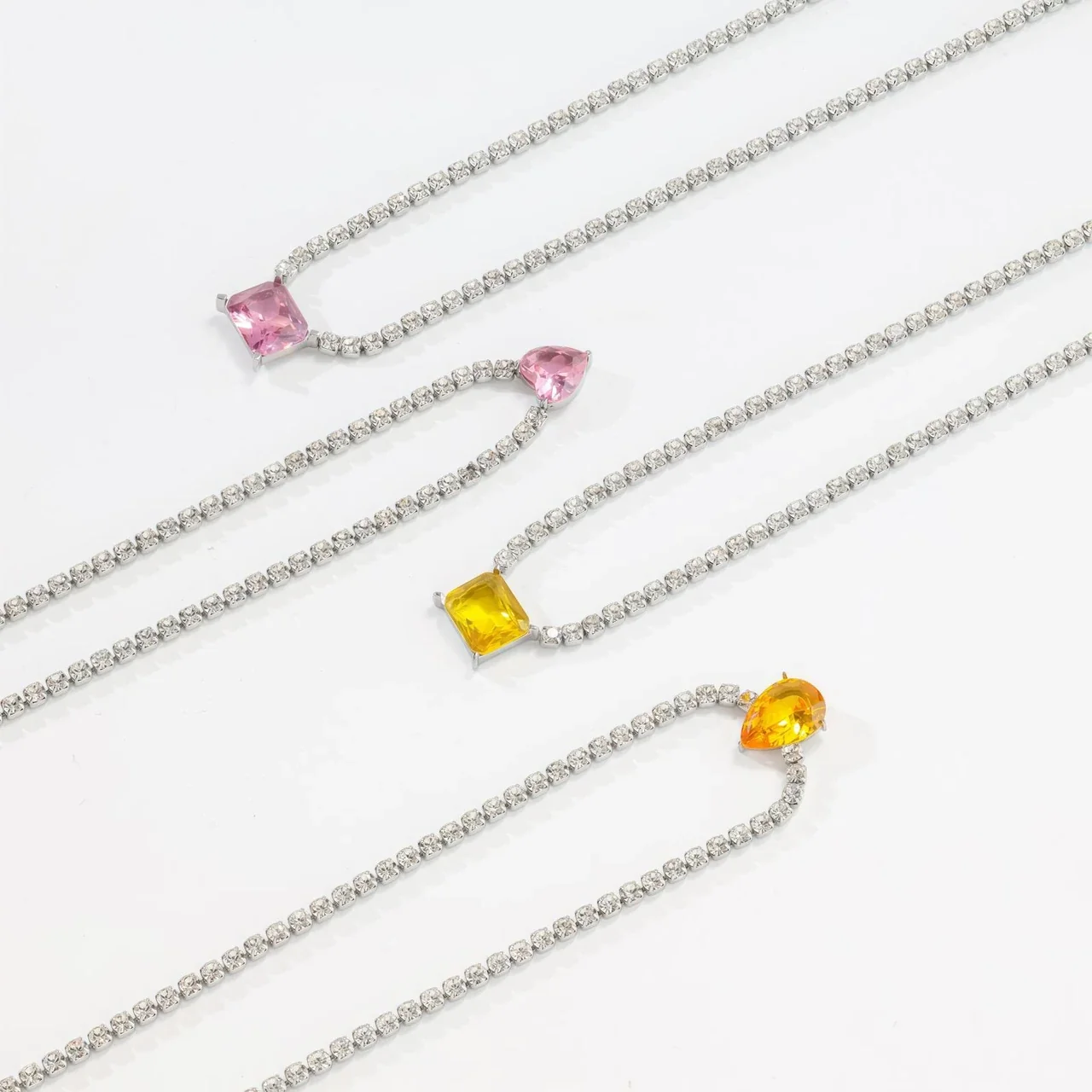Tennis Necklace with Colored CZ, Silver-Plated Stainless Steel