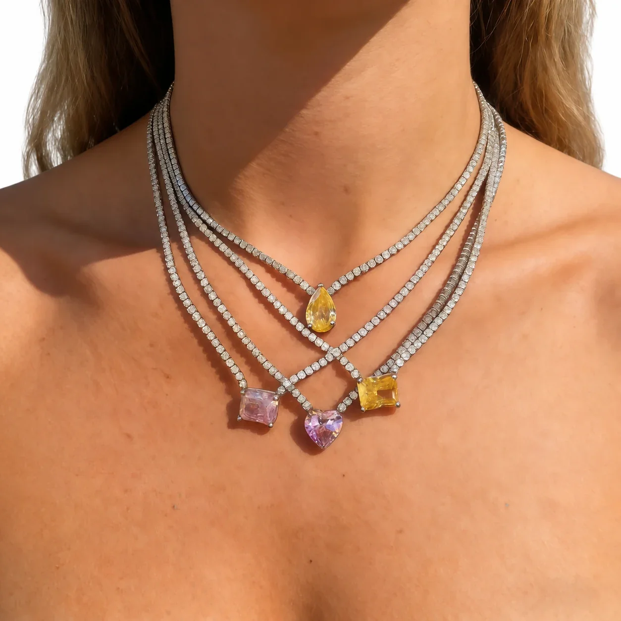 Tennis Necklace with Colored CZ, Silver-Plated Stainless Steel