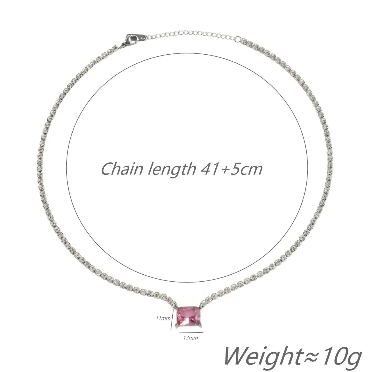 Tennis Necklace with Colored CZ, Silver-Plated Stainless Steel