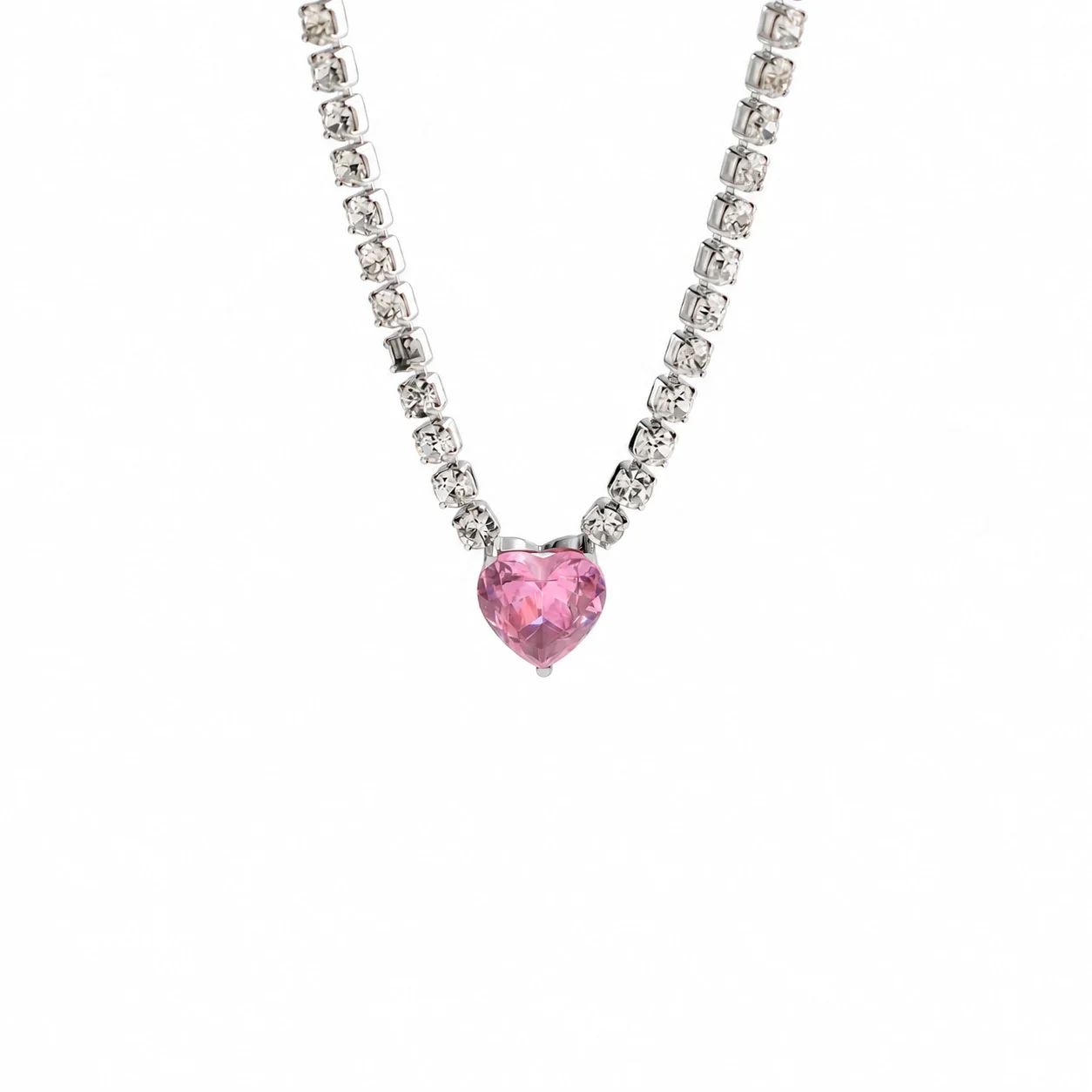 Tennis Necklace with Colored CZ, Silver-Plated Stainless Steel - Silver Pink Heart CZ