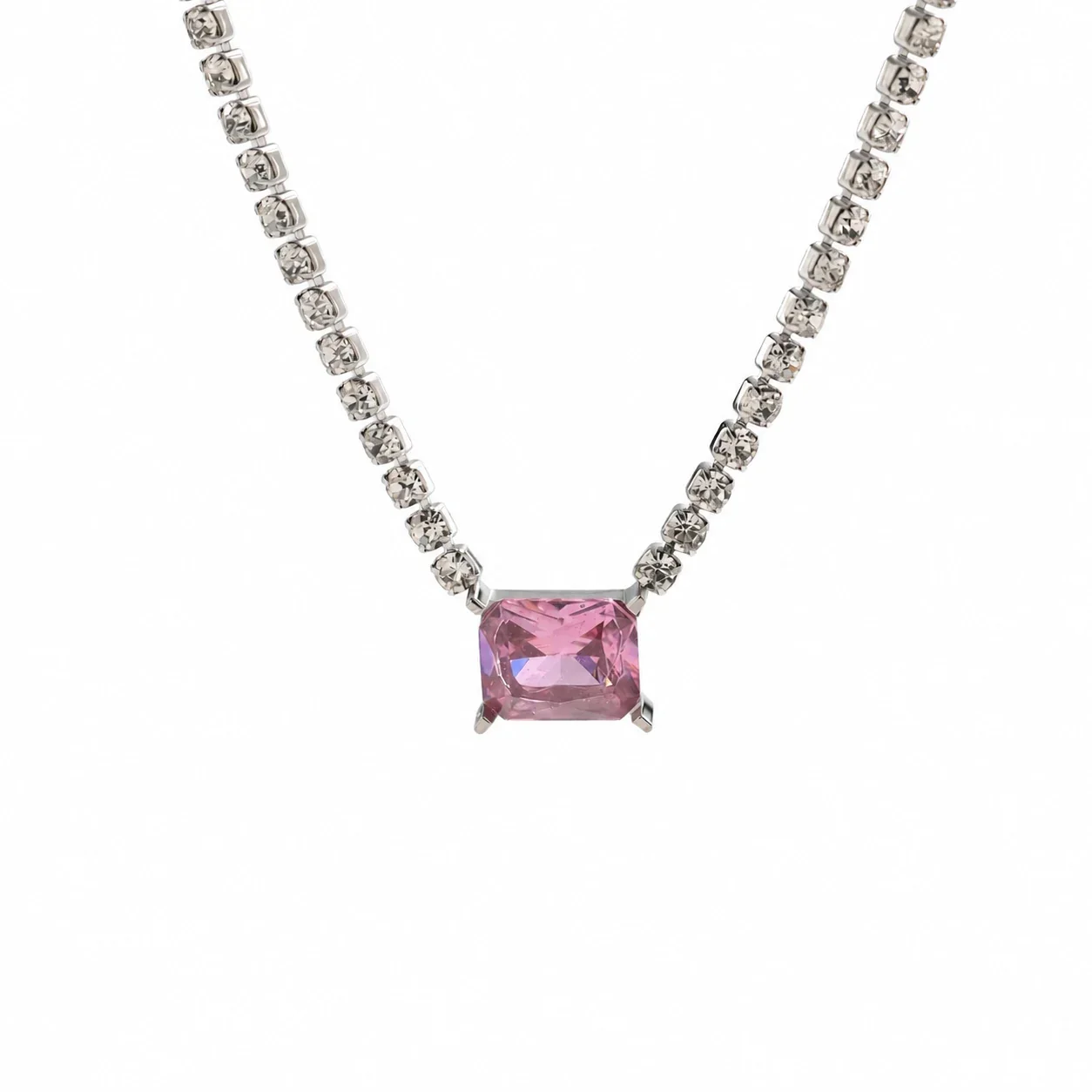 Tennis Necklace with Colored CZ, Silver-Plated Stainless Steel - Silver Pink Square CZ