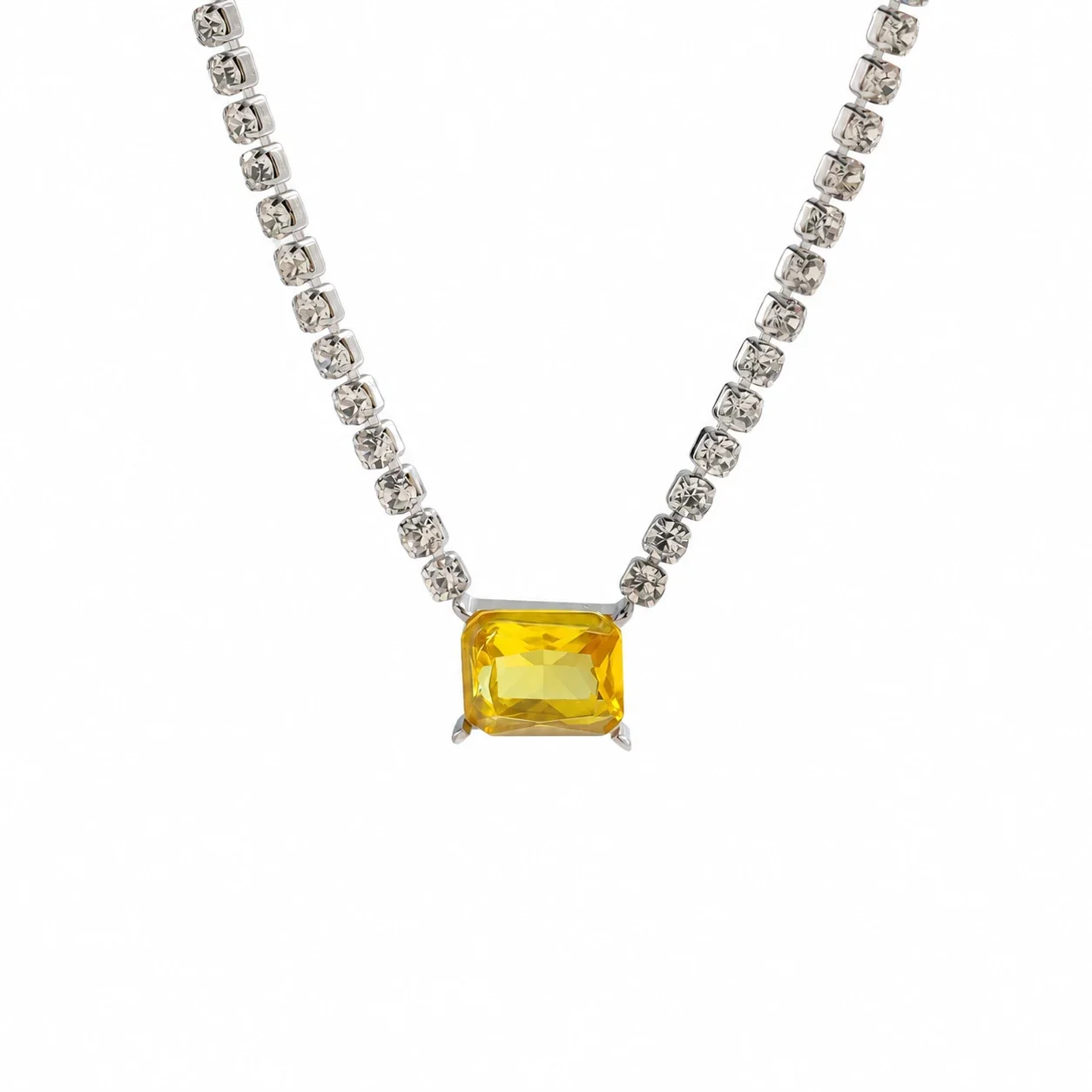 Tennis Necklace with Colored CZ, Silver-Plated Stainless Steel - Silver Yellow Square CZ