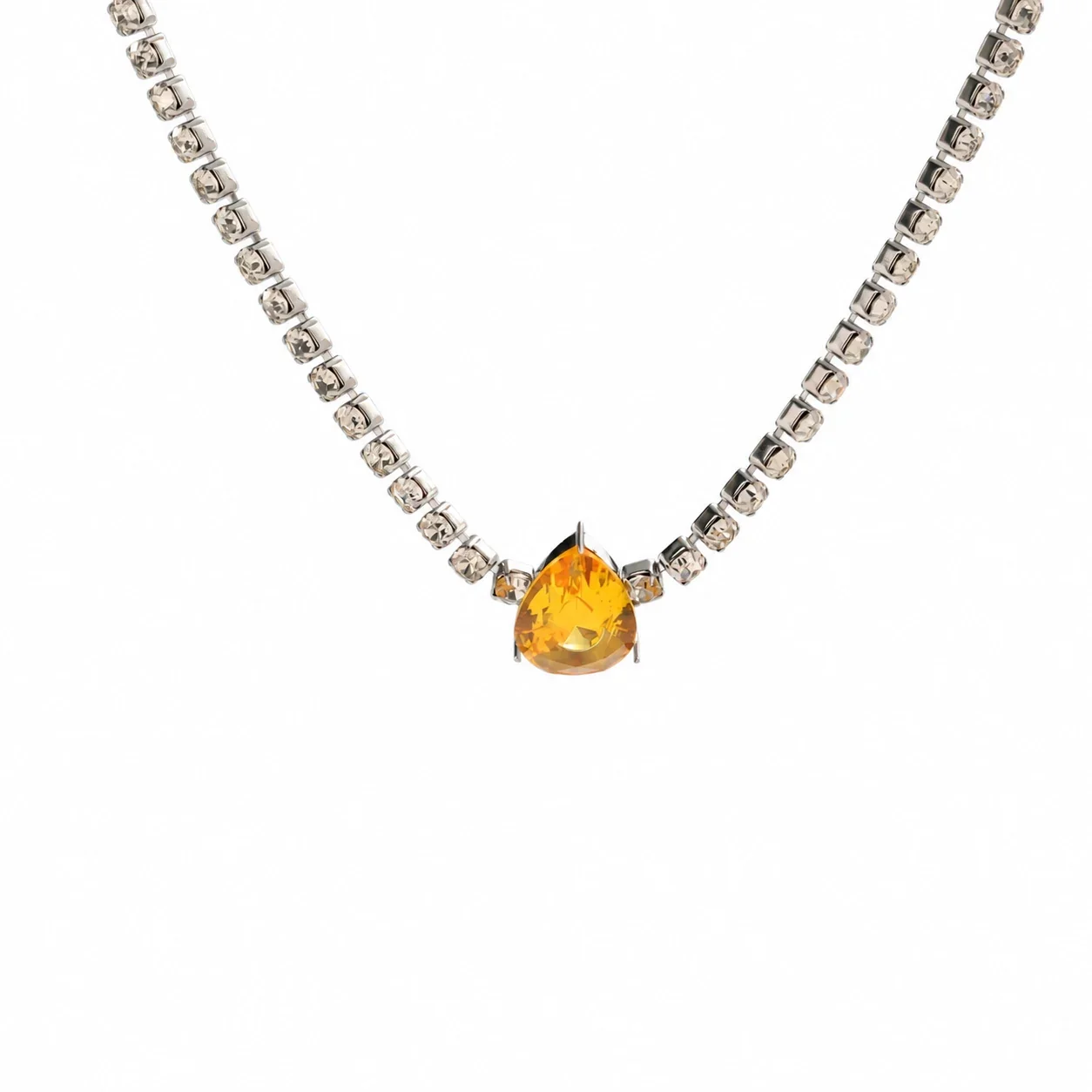 Tennis Necklace with Colored CZ, Silver-Plated Stainless Steel - Silver Yellow Teardrop CZ