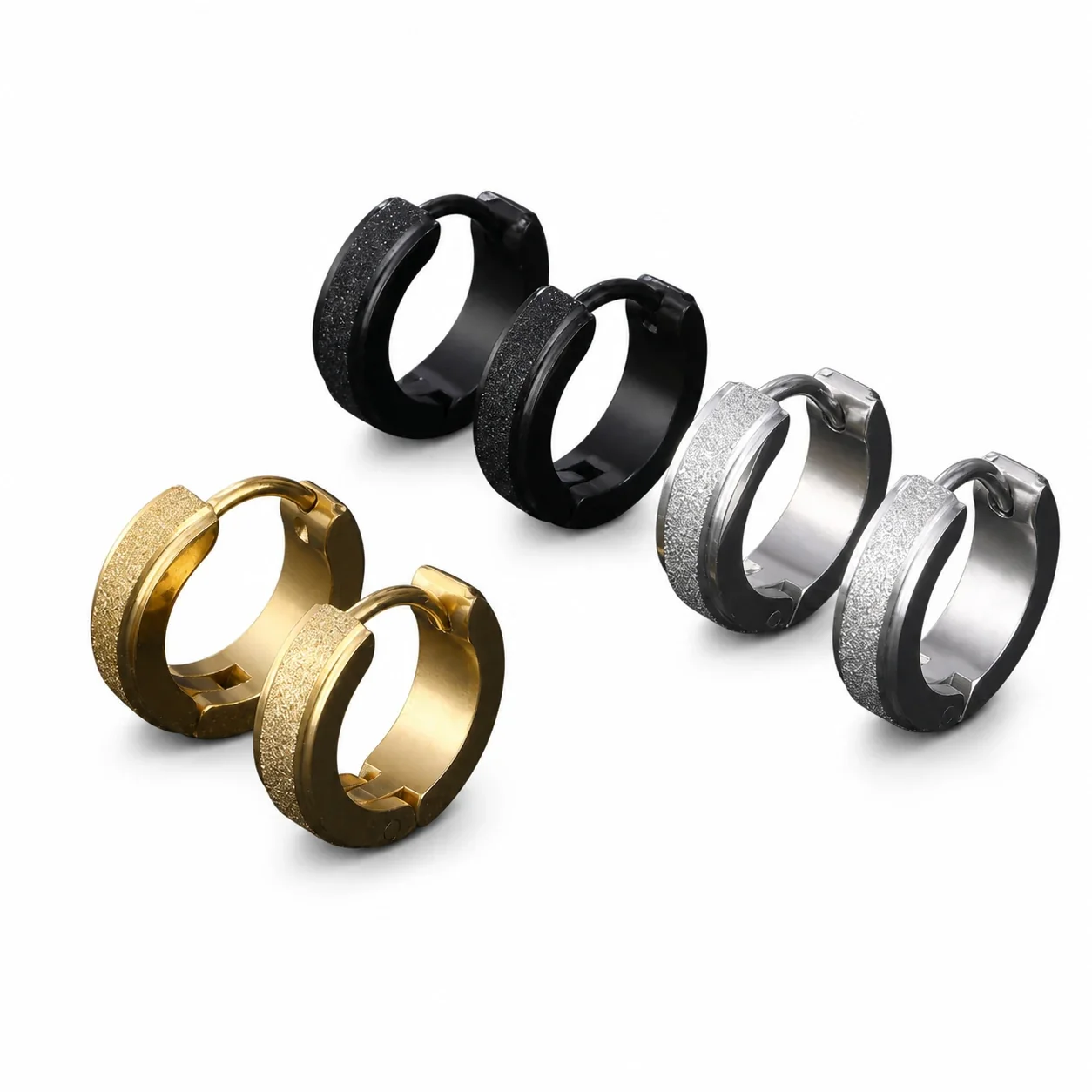 Gritted Stainless Steel Wide Huggie Hoop Earrings