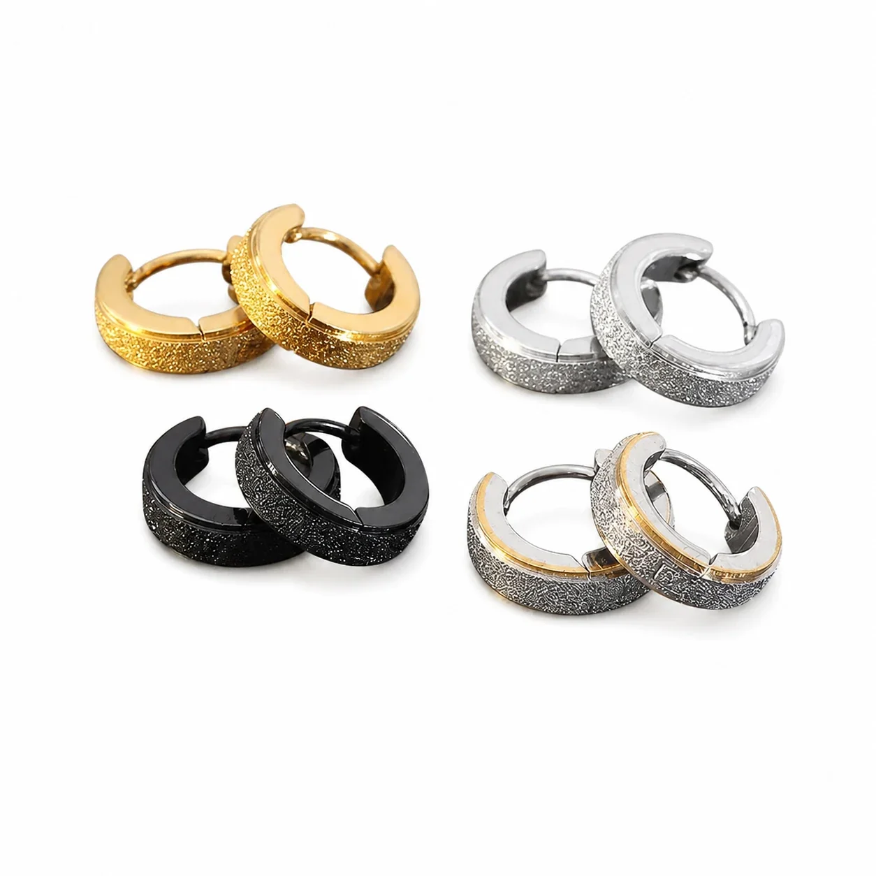 Gritted Stainless Steel Wide Huggie Hoop Earrings