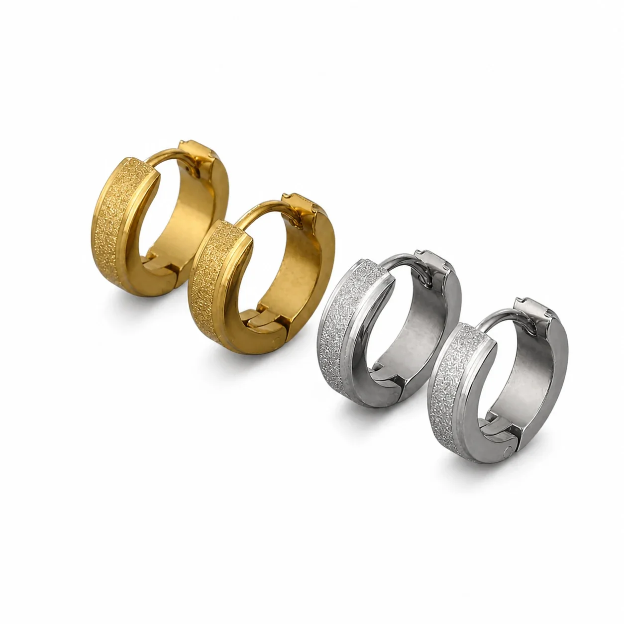 Gritted Stainless Steel Wide Huggie Hoop Earrings