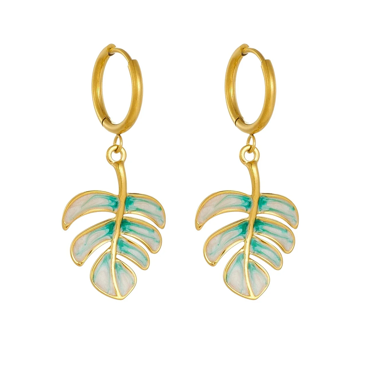 Leaf Drop Hoop Earrings with Enamel Inlay, Gold-Plated Stainless Steel