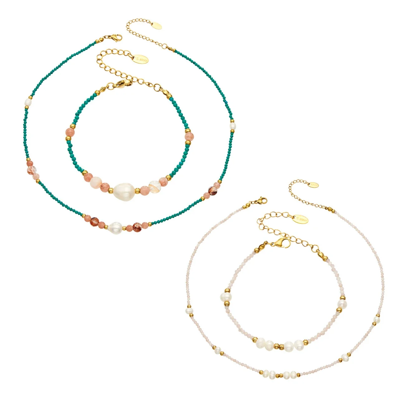 Freshwater Pearl Beaded Necklace & Bracelet Set, Gold-Plated Steel