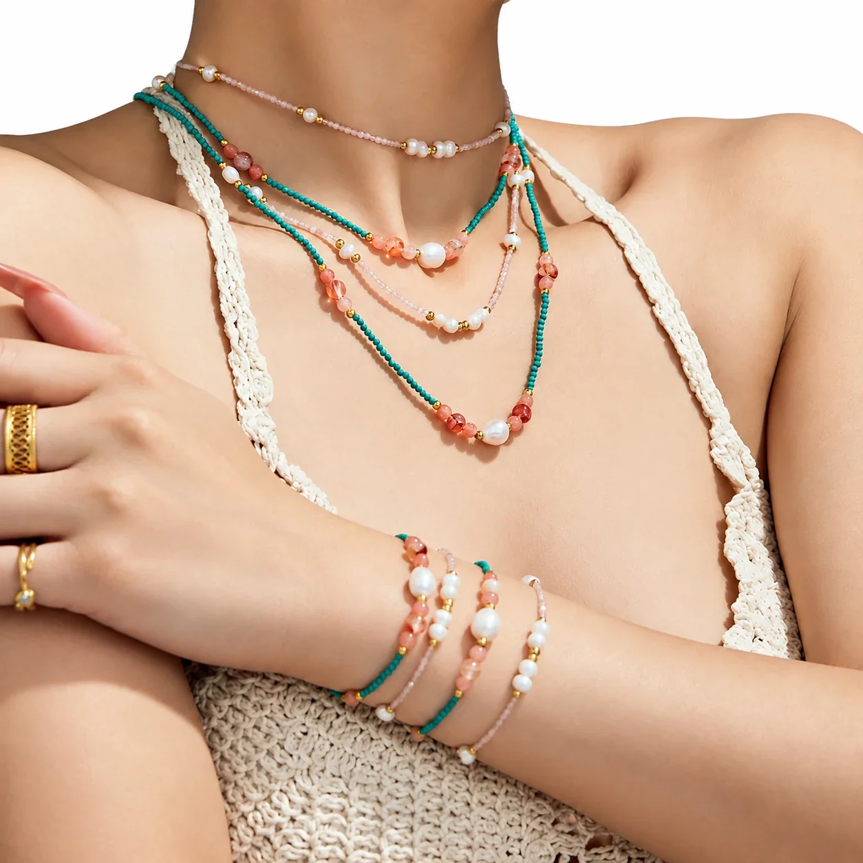 Freshwater Pearl Beaded Necklace & Bracelet Set, Gold-Plated Steel