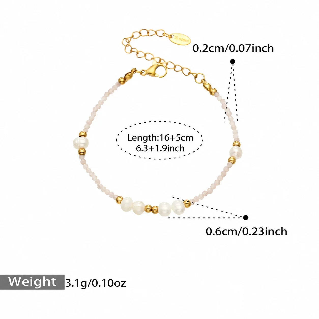 Freshwater Pearl Beaded Necklace & Bracelet Set, Gold-Plated Steel - Pink Natural Stone Gold 16+5 cm