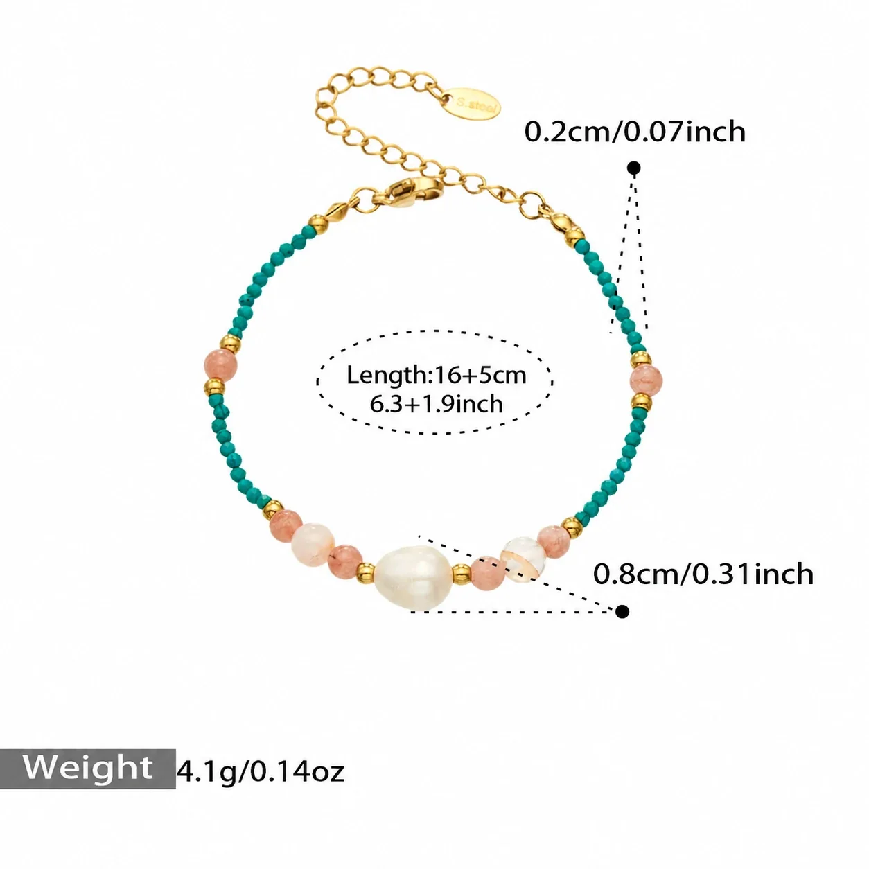 Freshwater Pearl Beaded Necklace & Bracelet Set, Gold-Plated Steel - Turquoise Gold 16+5 cm
