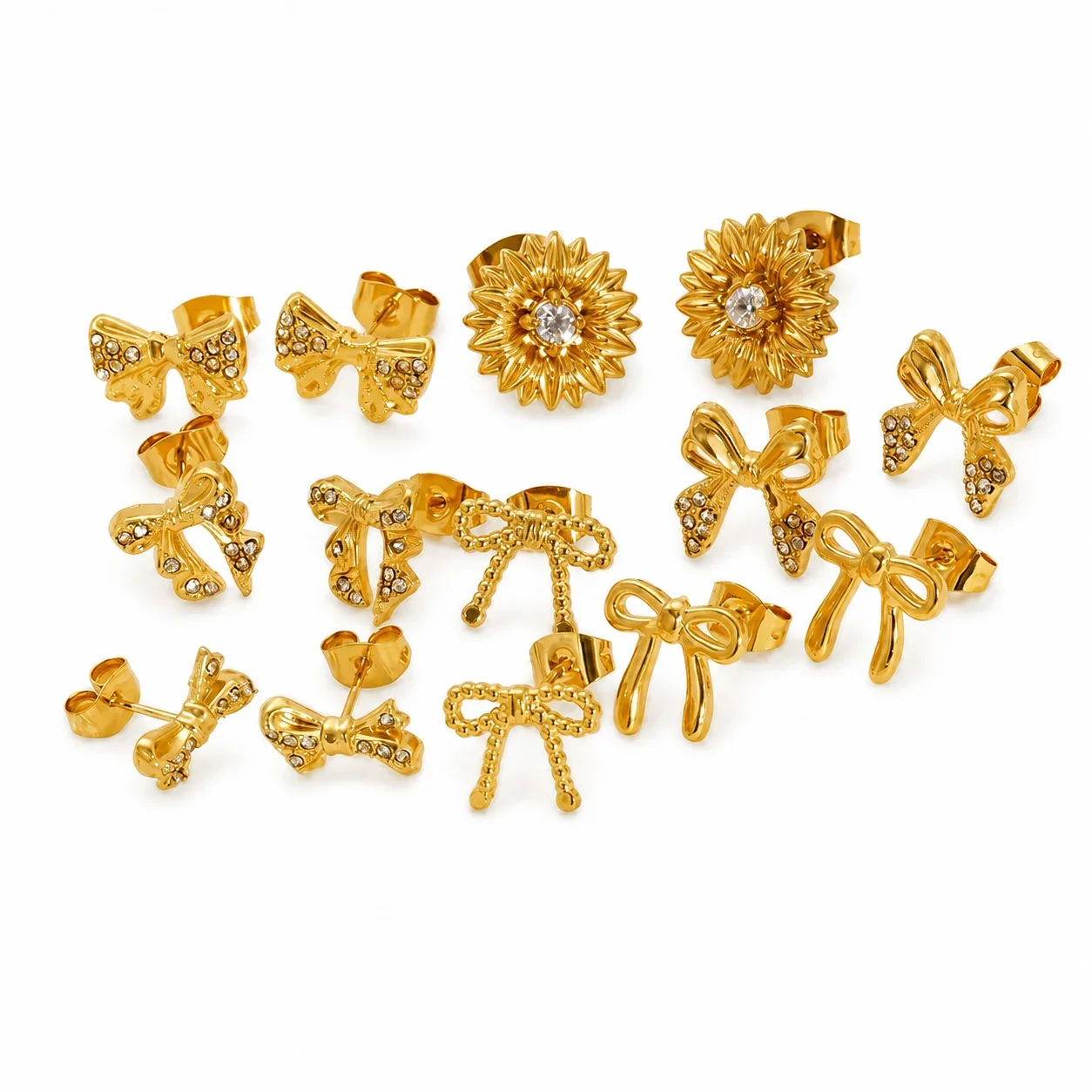 Gleaming Gold-Plated Bow CZ Stainless Steel Stud Earrings
