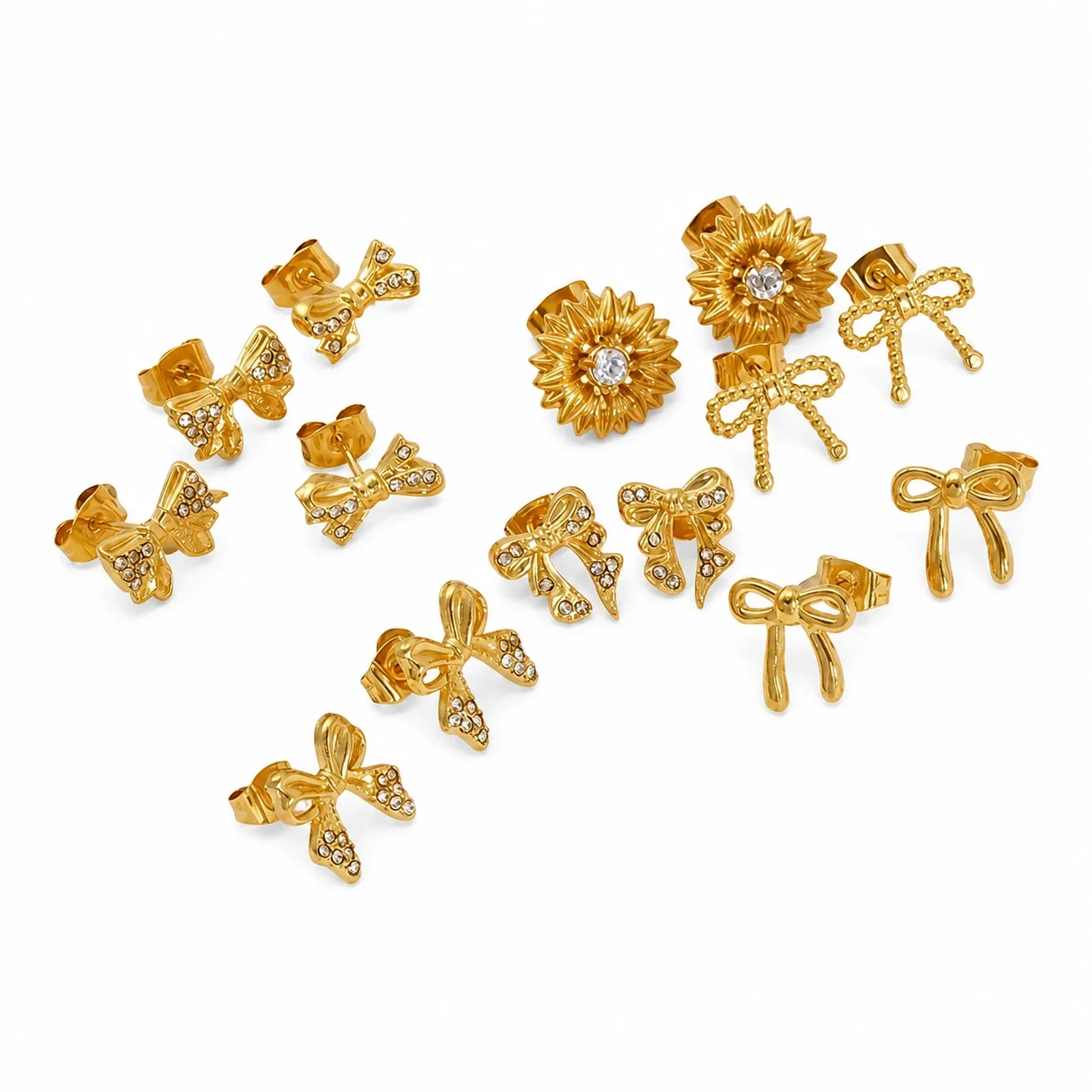 Gleaming Gold-Plated Bow CZ Stainless Steel Stud Earrings