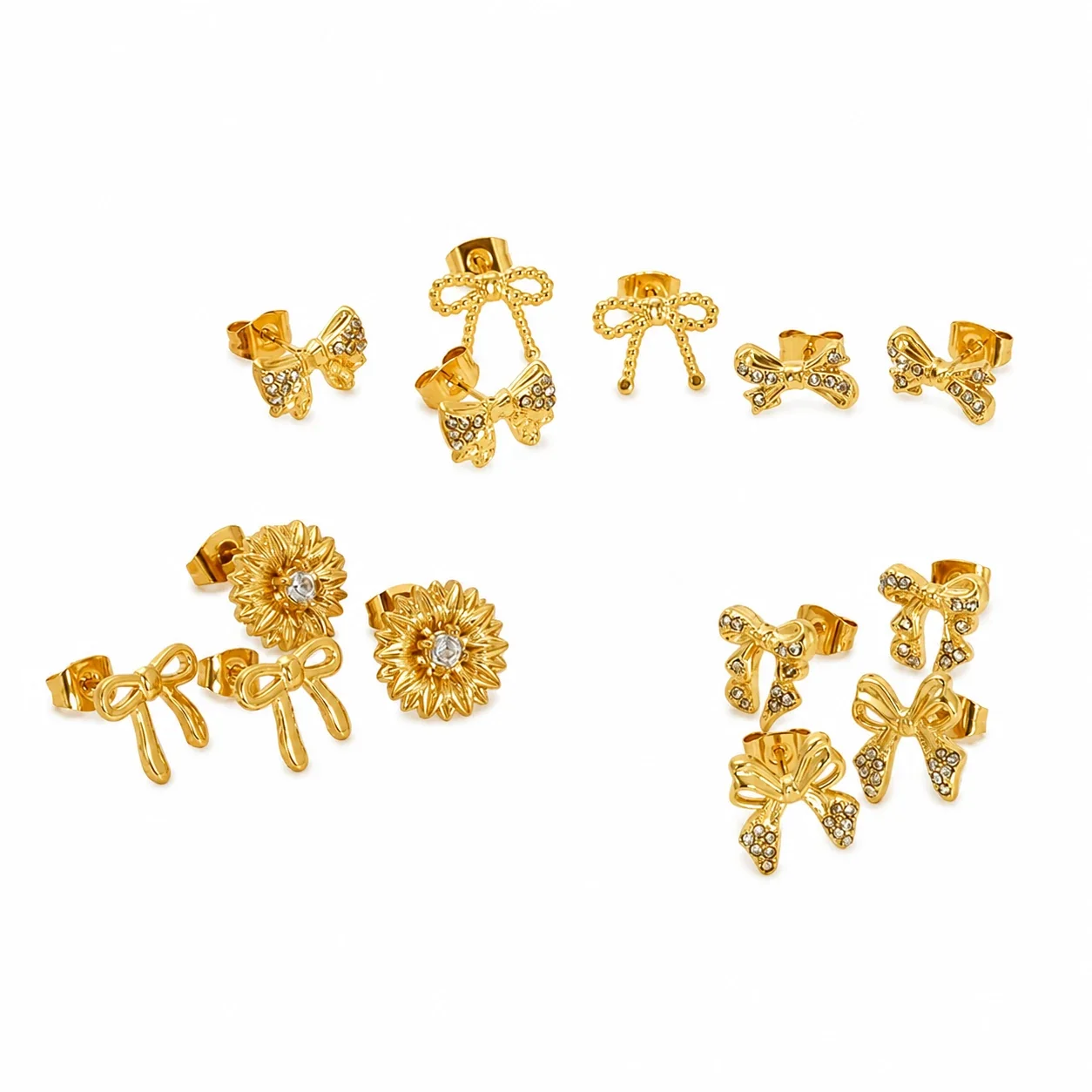 Gleaming Gold-Plated Bow CZ Stainless Steel Stud Earrings