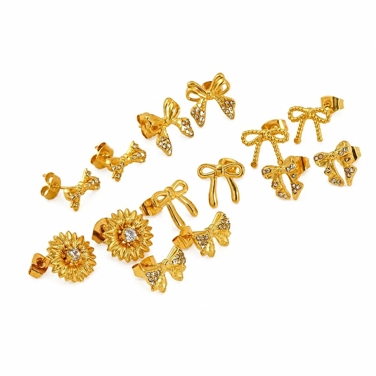 Gleaming Gold-Plated Bow CZ Stainless Steel Stud Earrings