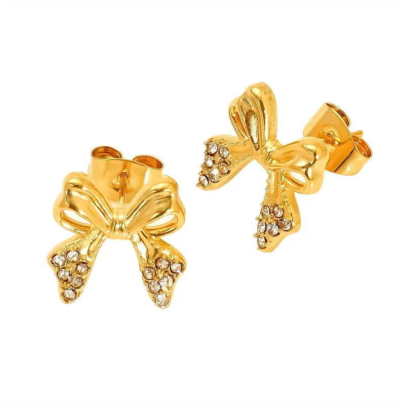 Gleaming Gold-Plated Bow CZ Stainless Steel Stud Earrings