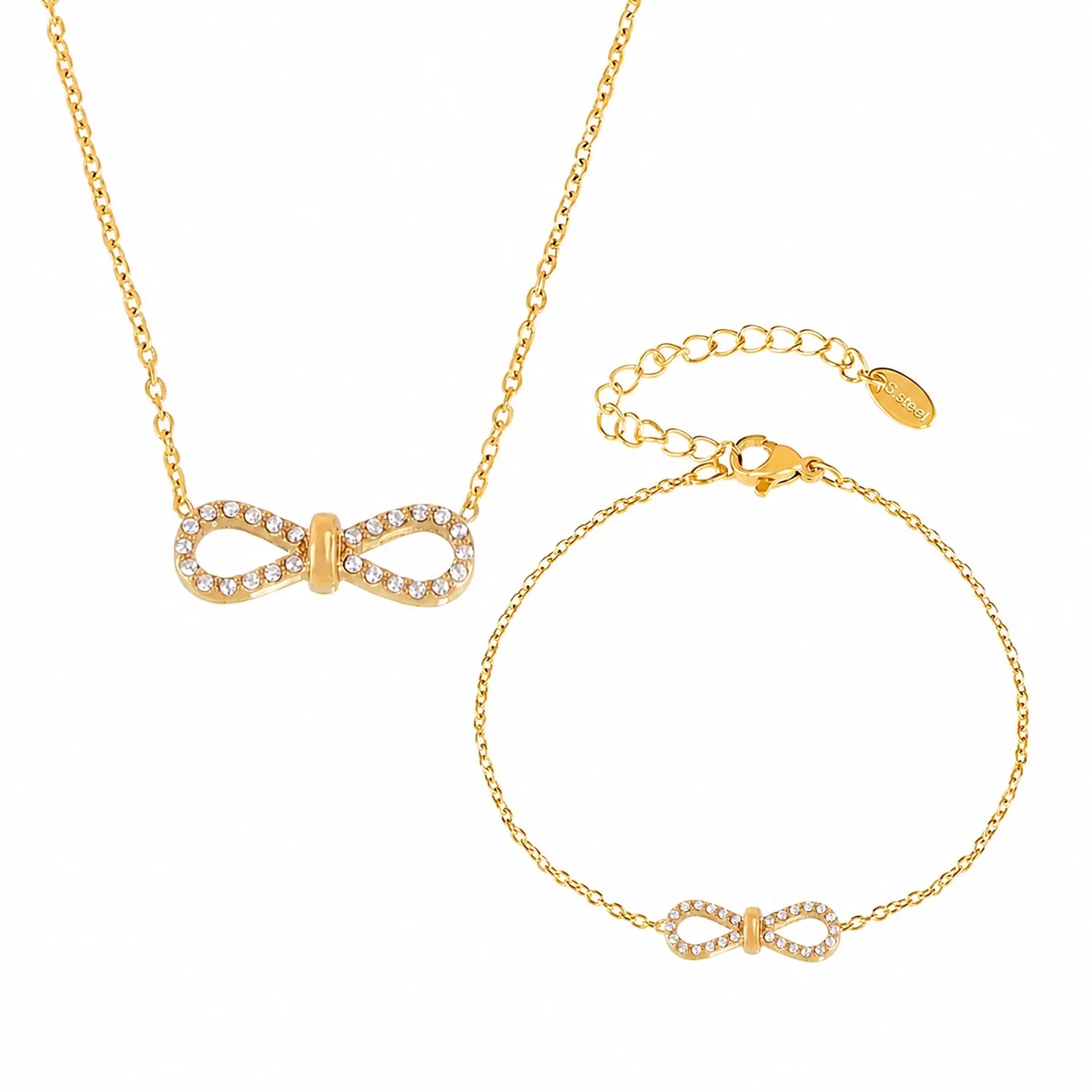 Delicate Stainless Steel Pavé Bow Cable Chain Jewelry Set