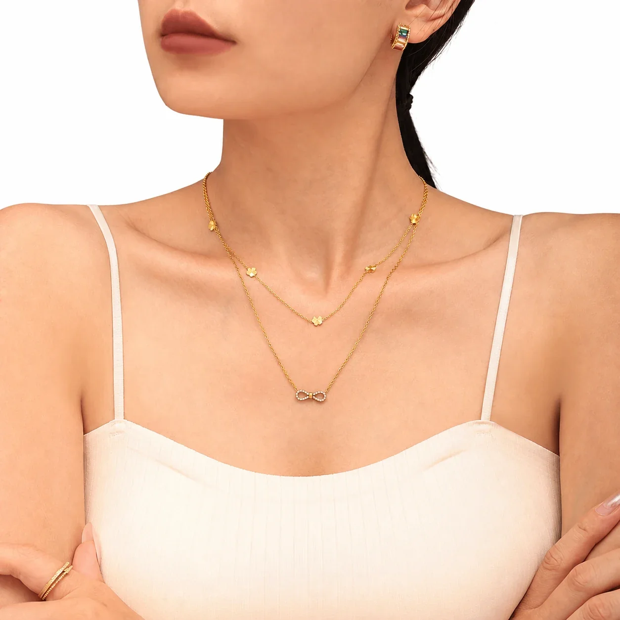 Delicate Stainless Steel Pavé Bow Cable Chain Jewelry Set