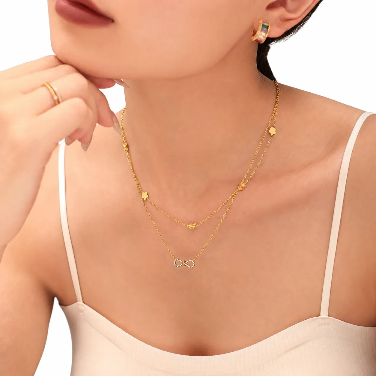 Delicate Stainless Steel Pavé Bow Cable Chain Jewelry Set