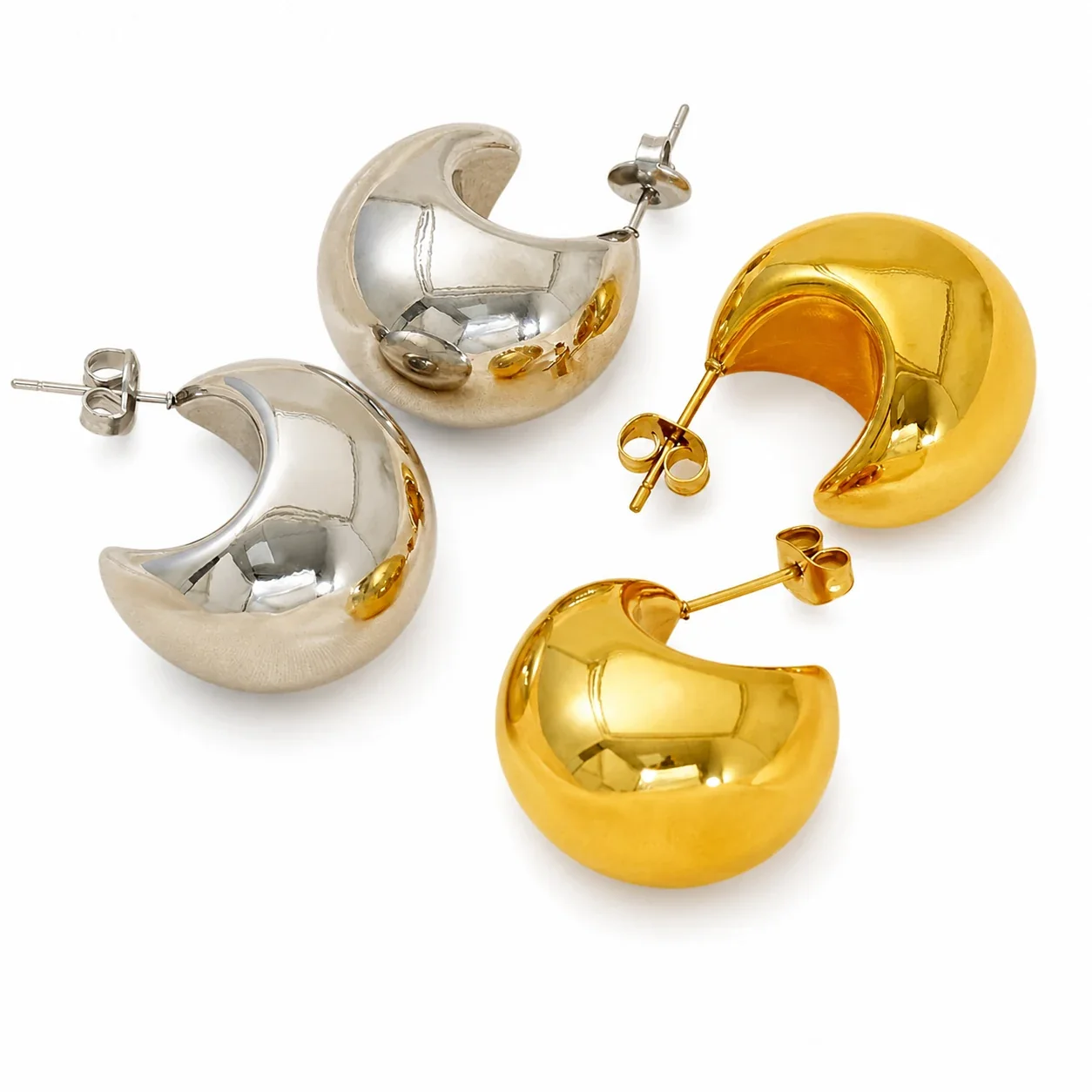 Sculptural Stainless Steel Crescent Dome Hoop Earrings