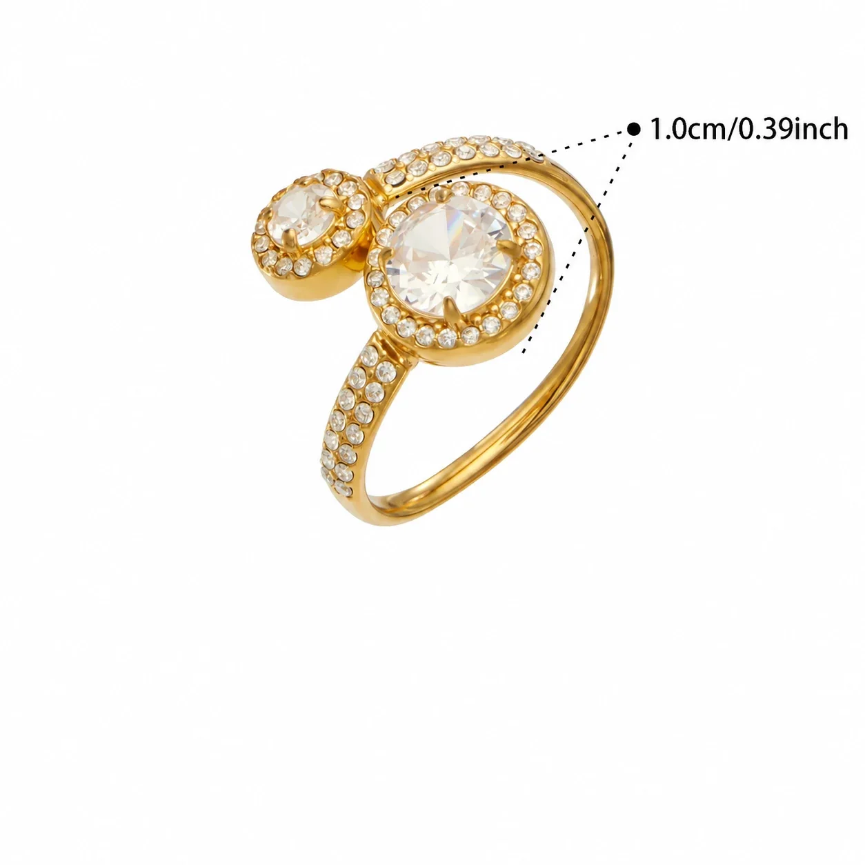 Ring met dubbele ronde CZ-halo's, verguld roestvrij staal productfoto