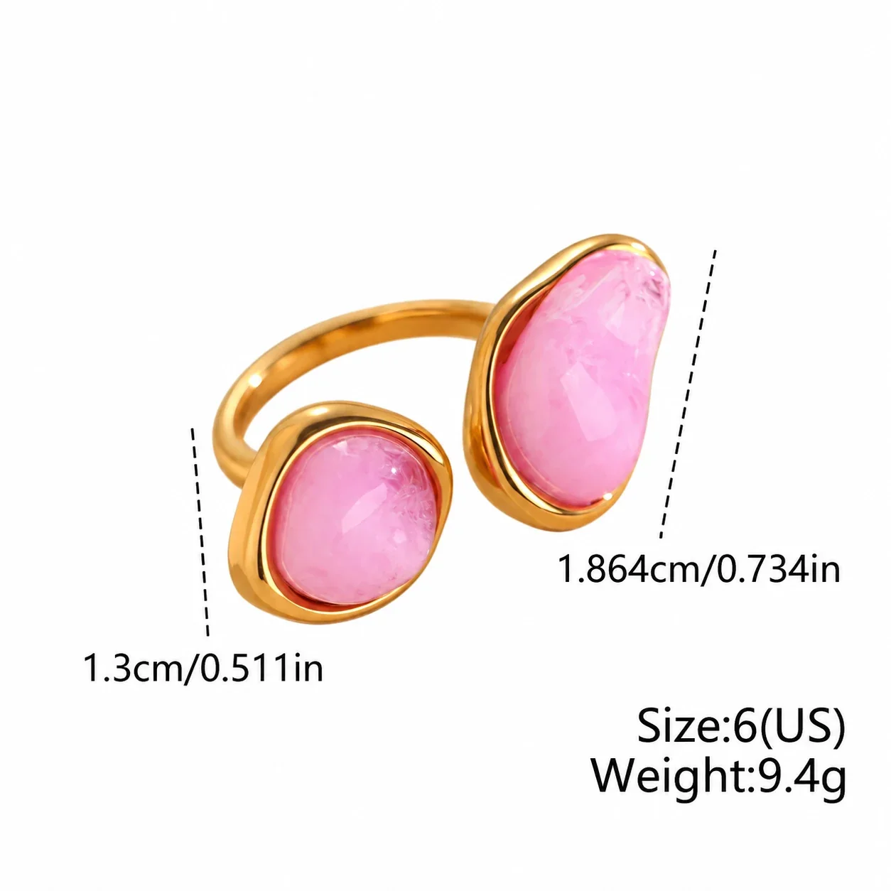 Open ring met twee onregelmatige harsinlegstukken, verguld productfoto