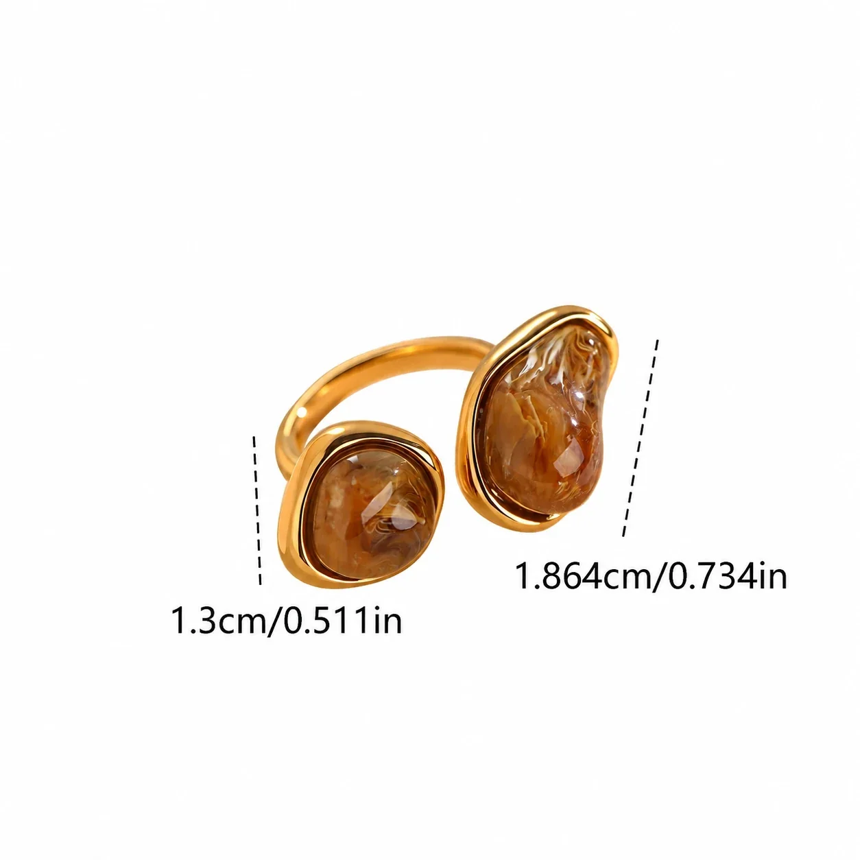 Open ring met twee onregelmatige harsinlegstukken, verguld productfoto
