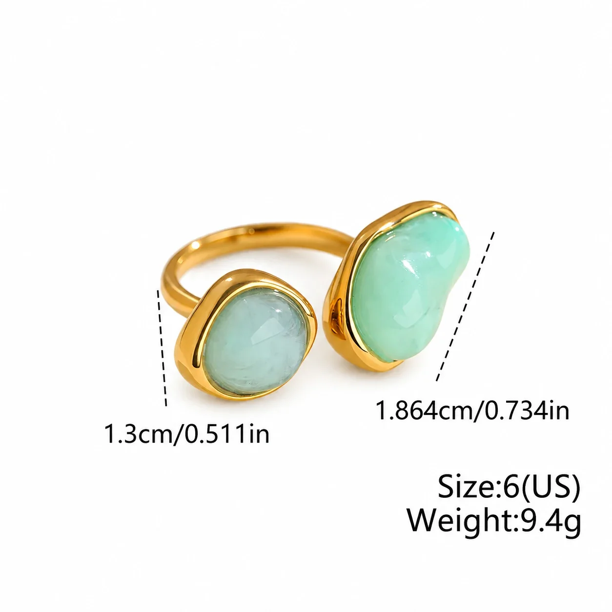 Open ring met twee onregelmatige harsinlegstukken, verguld productfoto