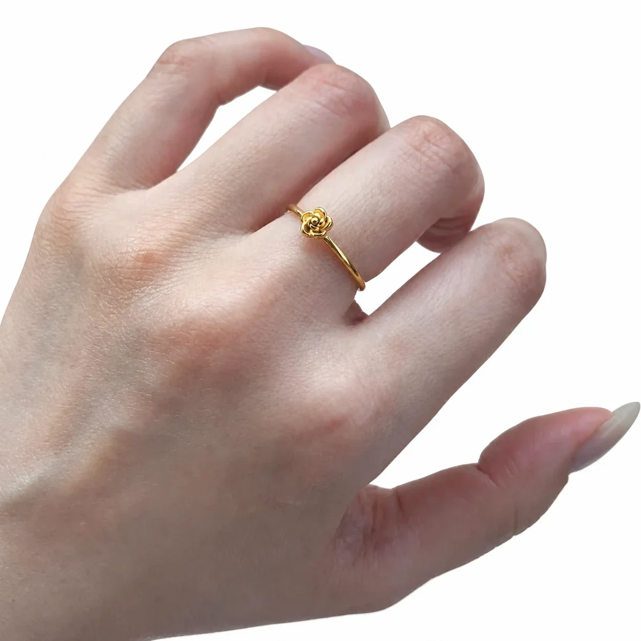 Delicate Gold-Plated Stainless Steel Rose Slim-Band Ring