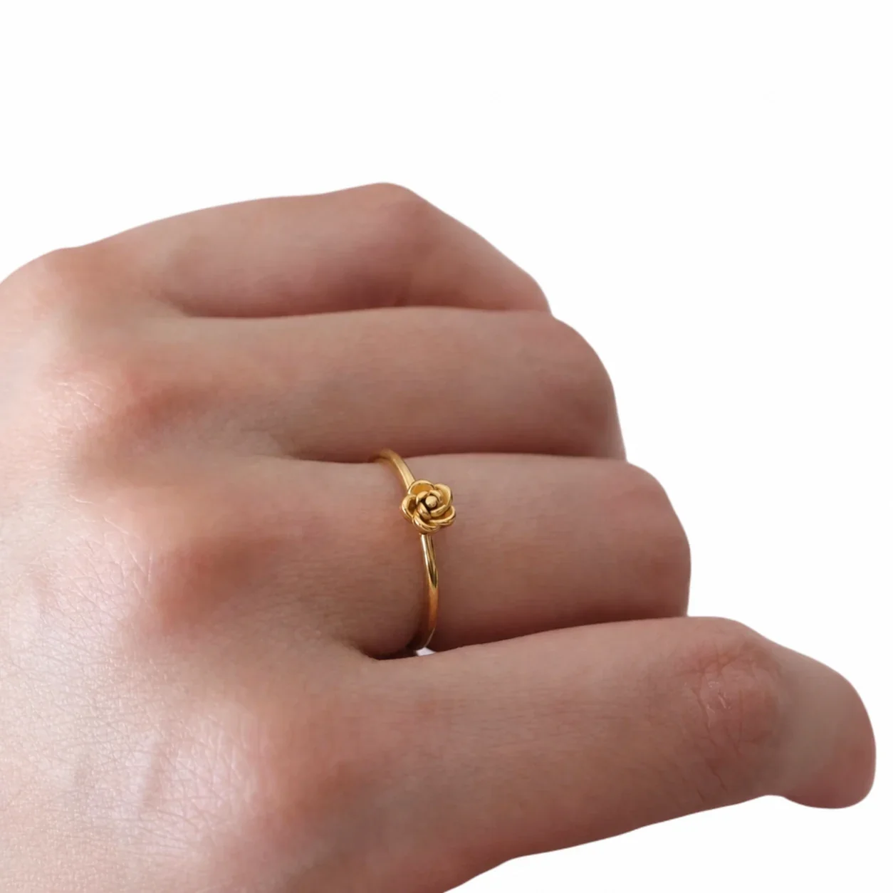Delicate Gold-Plated Stainless Steel Rose Slim-Band Ring