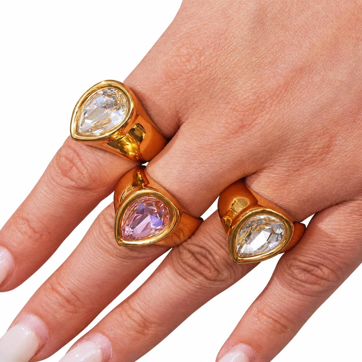 Bold 18K Gold-Plated Teardrop Bezel CZ Signet Ring