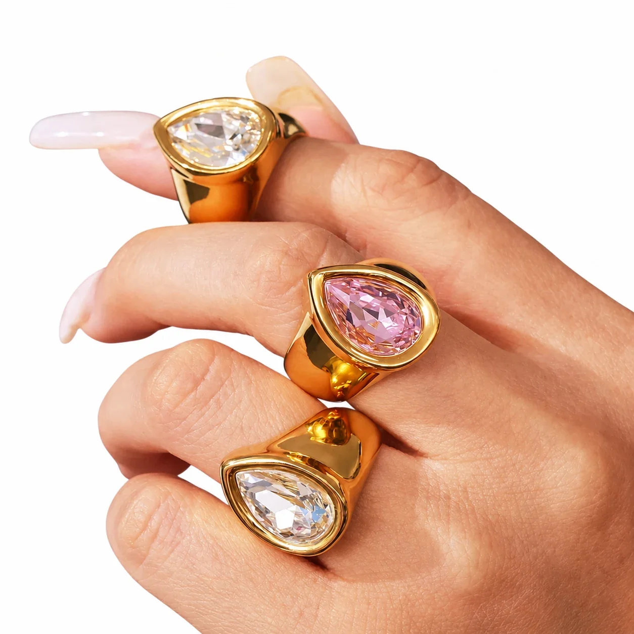 Bold 18K Gold-Plated Teardrop Bezel CZ Signet Ring