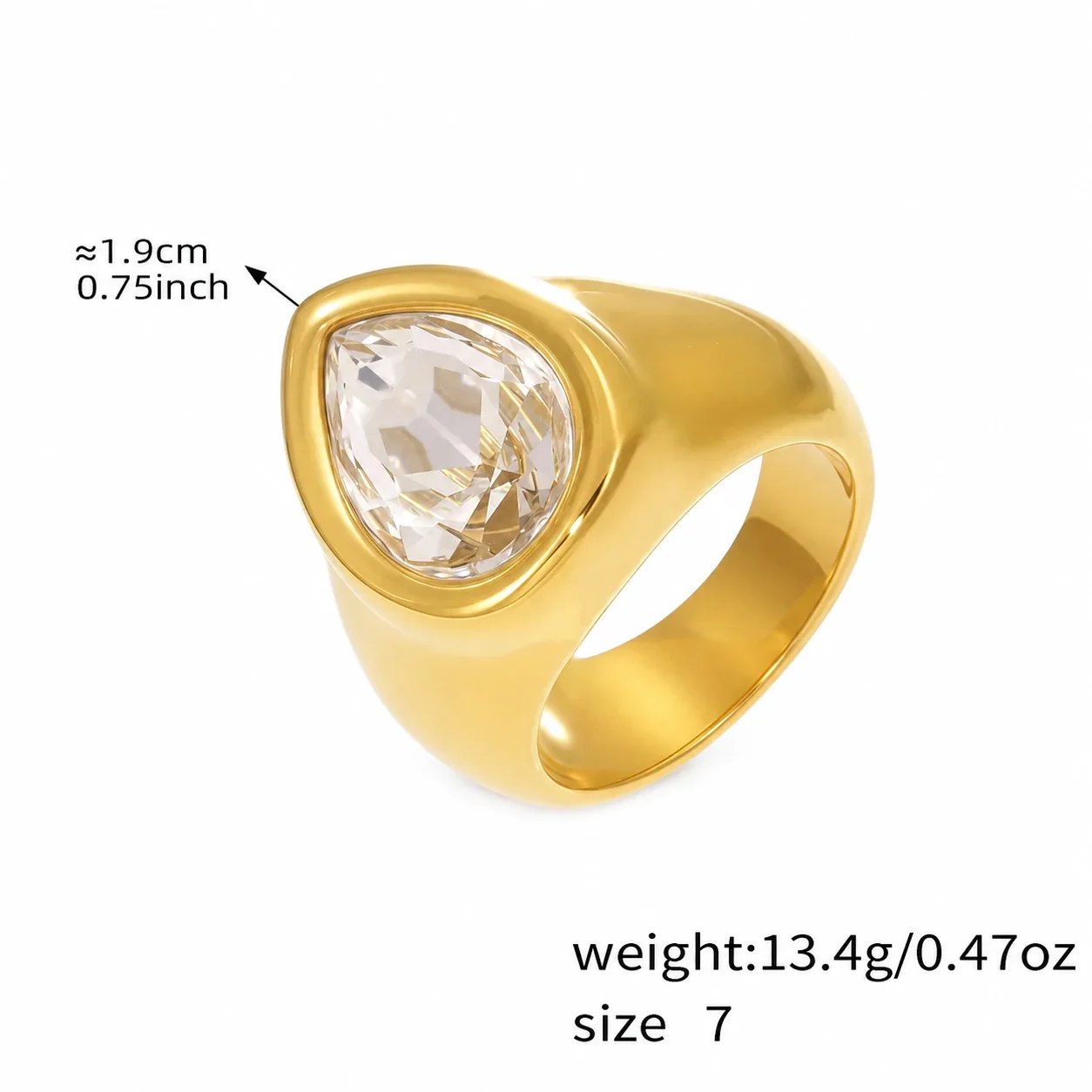 Bold 18K Gold-Plated Teardrop Bezel CZ Signet Ring - Gold White CZ