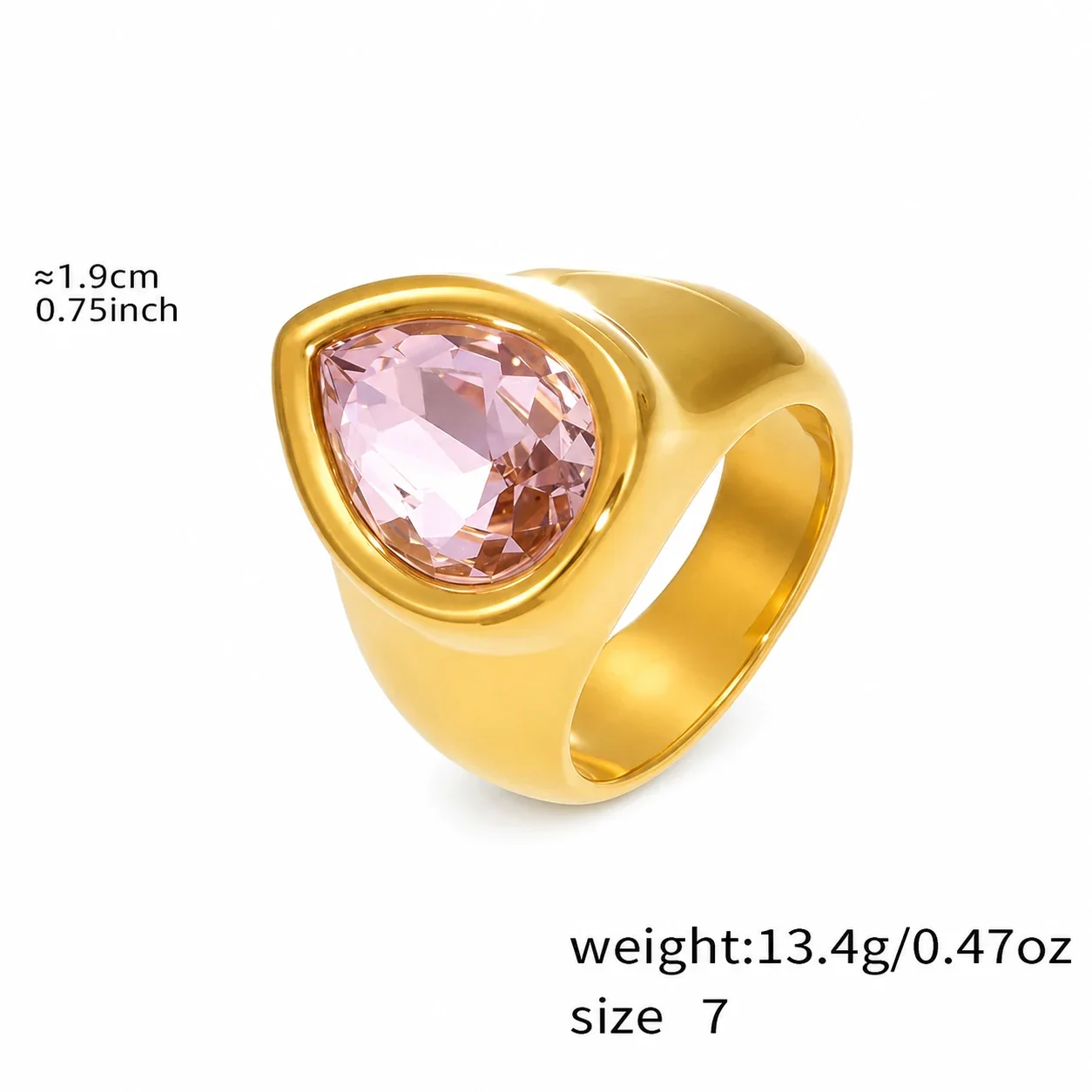 Bold 18K Gold-Plated Teardrop Bezel CZ Signet Ring - Gold Pink CZ