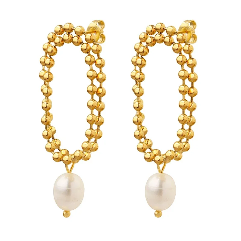 Drop Earrings with Double Bead Ovals and Freshwater Pearls