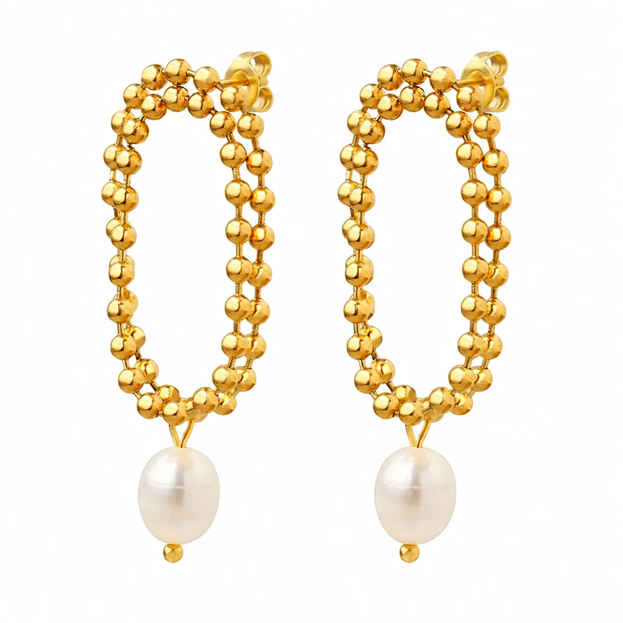 Drop Earrings with Double Bead Ovals and Freshwater Pearls