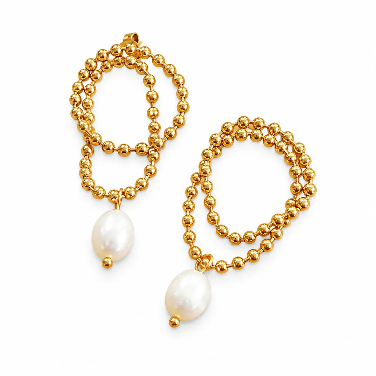 Drop Earrings with Double Bead Ovals and Freshwater Pearls